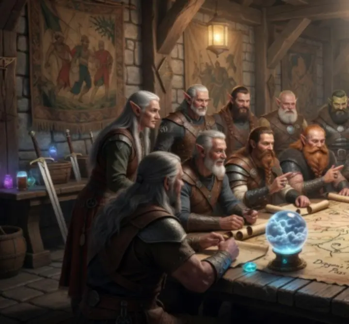 Adventurers gathered around a glowing tactical map in a fantasy hall