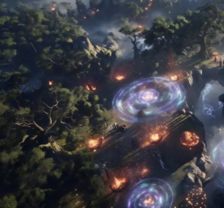 Dark fantasy battlefield with magical terrain, hazards, and elevation differences