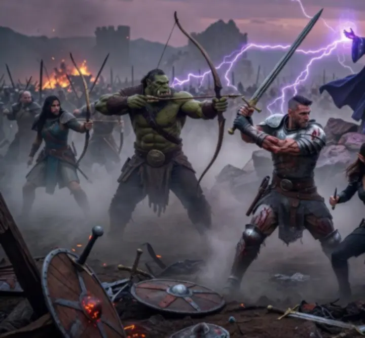 Fantasy characters of different classes combining abilities in a coordinated battle strategy