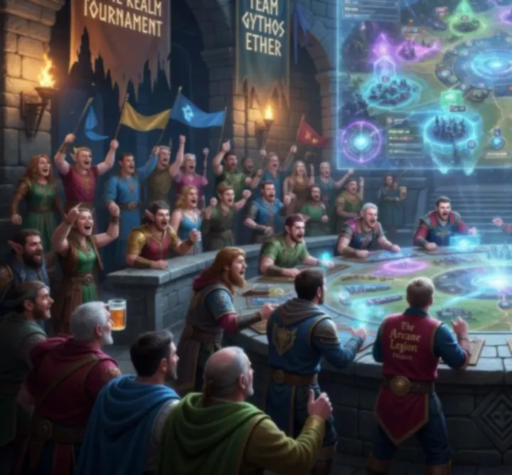 Fantasy strategy tournament scene with players gathered around glowing screens