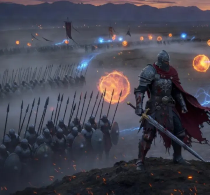 Cinematic fantasy hero surveying a tactical battlefield in Divinity: Original Sin 2