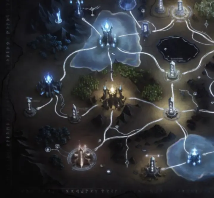 High-detail fantasy world map with marked routes, battle zones, and points of interest.