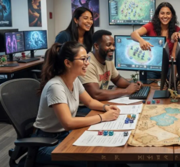 Field Visionary team of strategy gamers and RPG enthusiasts collaborating around tactical game maps