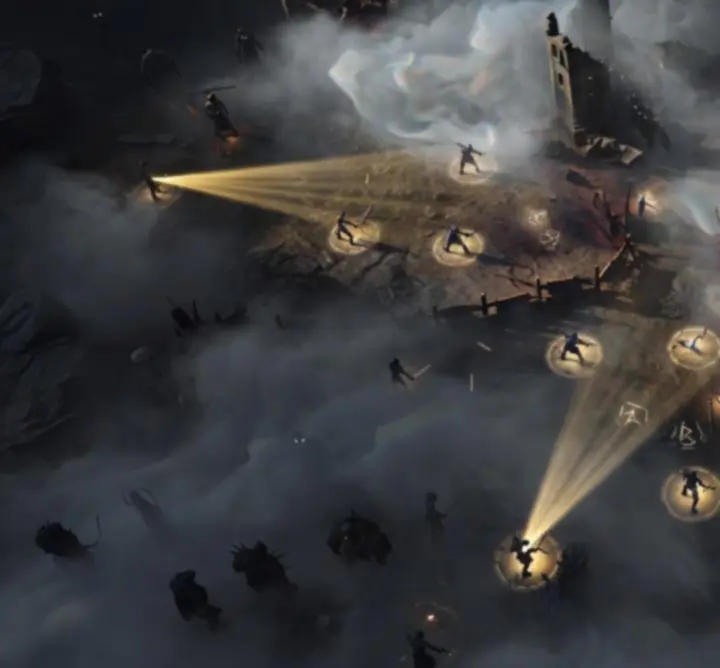 Tactical user interface highlighting fog of war and line-of-sight vision cones on a fantasy battlefield