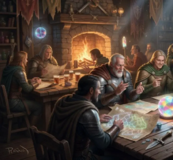 Immersive fantasy community gathering of players planning strategy around a glowing map.