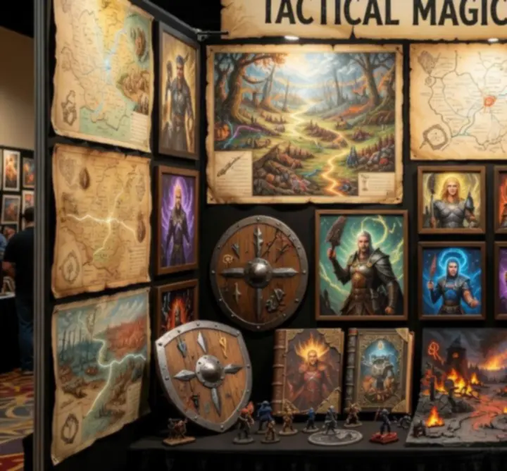 Stylized fantasy artwork featuring heroes over a glowing tactical map