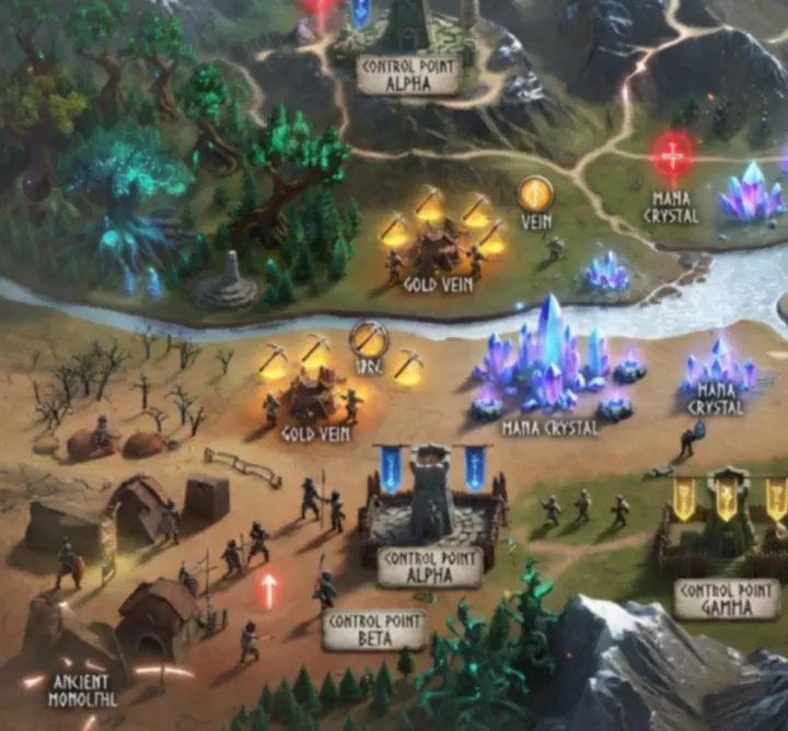 Strategic fantasy map highlighting key objective hotspots and vision zones