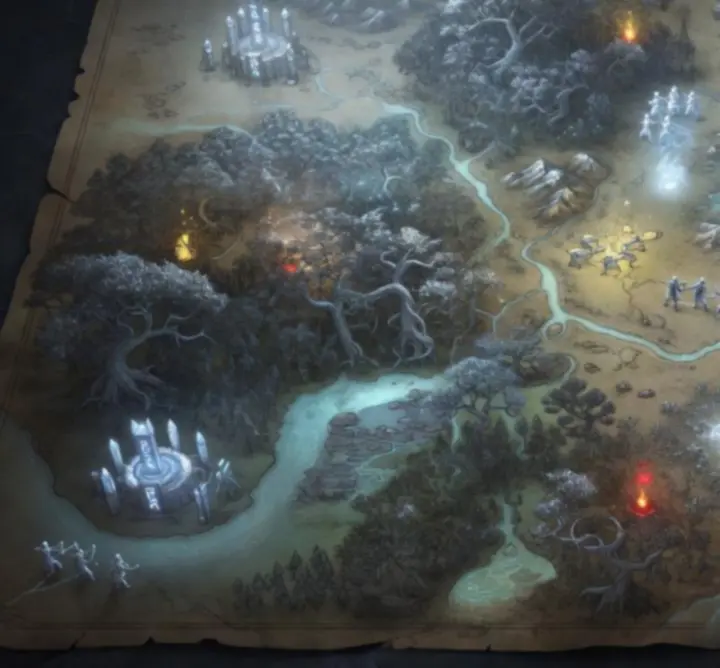 Strategic fantasy world map overview showing combat zones, routes, and tactical markers.