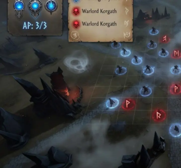 Strategic tactical user interface showing character abilities, initiative, and battlefield overview in a fantasy RPG