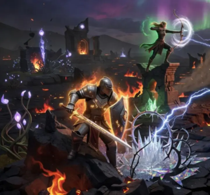 Tactical fantasy battlefield environment from Divinity: Original Sin 2 with magical effects and terrain