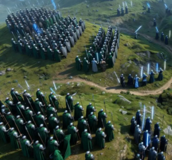 Overhead view of a tactical battlefield formation showing zone control and choke points in a fantasy strategy game